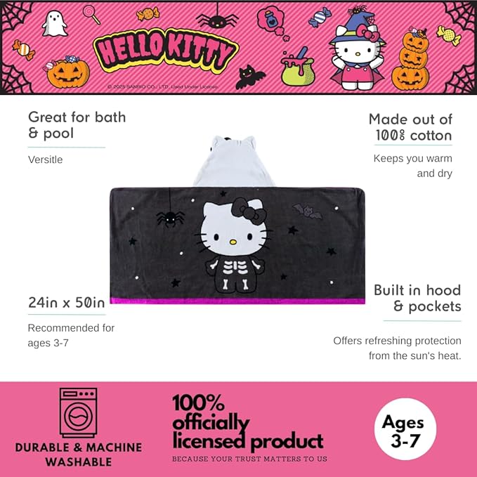 Sanrio Hello Kitty Skeleton Halloween Kids Super Soft Bath/Pool/Beach Soft Cotton Terry Hooded Towel Wrap, 24 in x 50 in, (Officially Licensed Product) by Franco