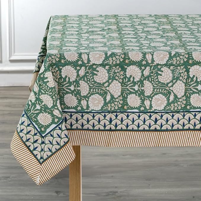 Ridhi -Turquoise Moss Green Cotton Tablecloth, Handblock Print Floral Table Cloth for Kitchen Dining Linen I Thanksgiving, Christmas, Wedding, Fall Décor 4 Seater 60x60 Inches Square