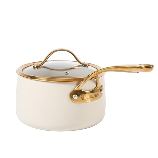 bloomhouse - Two Time Oprah's Favorite Things Winner - 3 Quart Heavy Duty Aluminum Premium PFA Free Ceramic Nonstick Saucepan with Lid - Almond Cream w/Gold Handle