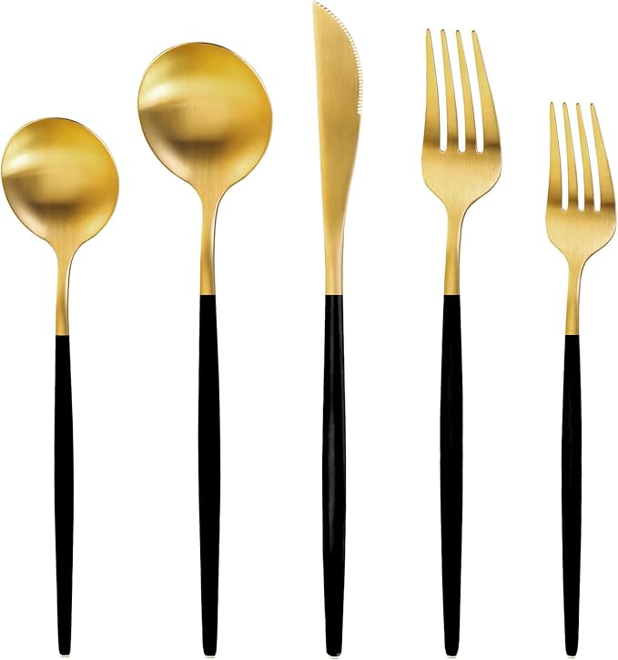 Gold Silverware Set for 8, MIKIWAY Matte Gold With Black Handle Flatware Set, 40 Pieces Stainless Steel Cutlery Tableware Set, Kitchen Utensils Set Include Spoons And Forks Set, Dishwasher Safe