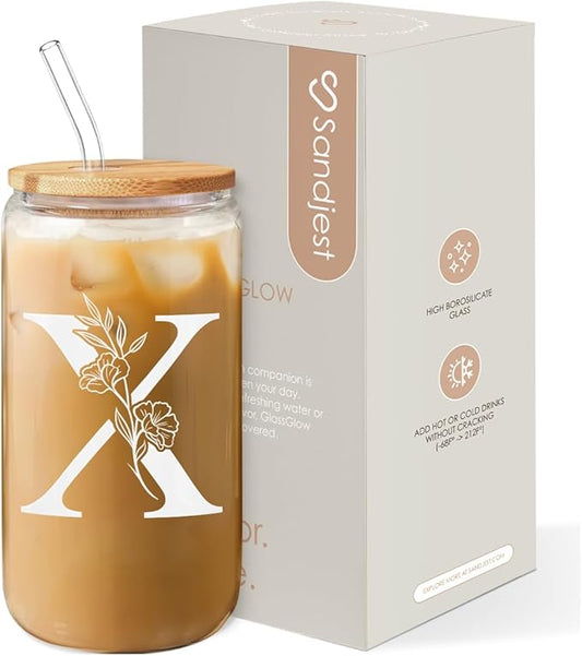 SANDJEST Monogrammed Gifts for Women - Monogram X Initial Glass Cup 16 Oz Can Coffee Cups with Lid and Straw - Monogram Initials Gifts for Womens on Birthday