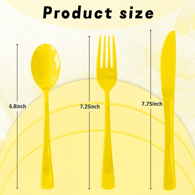 300 Pack Disposable Plastic Silverware, Heavy Duty Yellow Plastic Cutlery Set Includes 100 Forks 100 Knives 100 Spoons for Birthday Wedding Party Picnics (300, Yellow)
