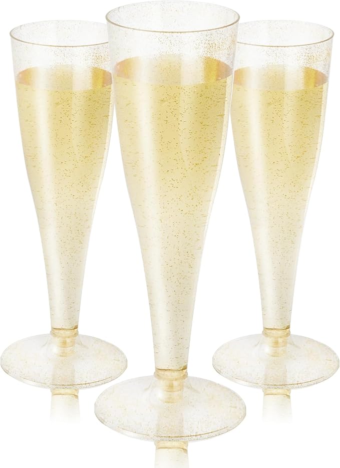 N9R Plastic Champagne Flutes - 100 Count 4.5 Oz Gold Glitter Plastic Disposable Champagne Glasses for Party Wedding Birthday Cocktail Cups