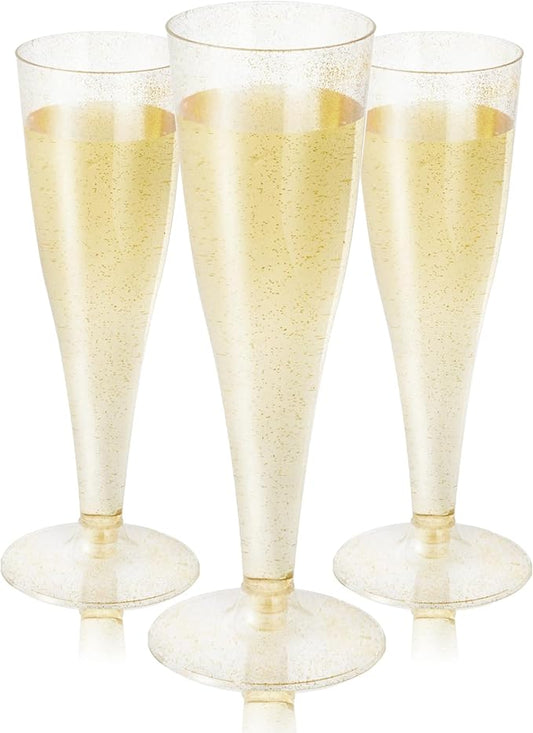 N9R Plastic Champagne Flutes - 100 Count 4.5 Oz Gold Glitter Plastic Disposable Champagne Glasses for Party Wedding Birthday Cocktail Cups
