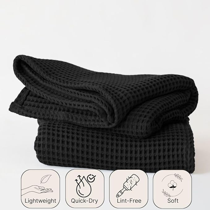 2-Piece Waffle Towels Set for Bathroom Black - Soft 100% Turkish Cotton Quick-Dry Lint-Free Waffle Weave Thin Bath and Hand Towels (Black, Set of 2 Mix Towels)