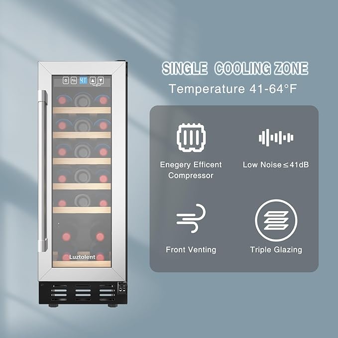 19 Bottles Wine Fridge,12 Inch Wine Cooler with Single Zone, Built-in or Under Counter,41-64°F Thermostat, LED Digital Touchscreen, Triple-Layer Tempered Glass, Wine Storage for Home