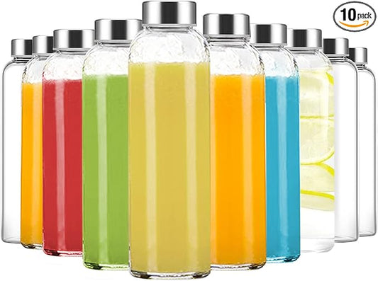 24 oz Clear Glass Juice Bottles with Lids, Reusable Refillable Water Bottles for Juicing,Refrigerator,100% Leak Proof, BPA Free, Juice Water Bottle Set of 10