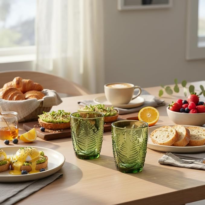 Vintage Green Drinking Glasses Set of 8 – 10 oz Embossed Textured Glass Cups, Retro Style Colored Drinkware for Water & Cocktails, Durable Decorative Kitchen Glassware, Unique and Cute Hostess Gift