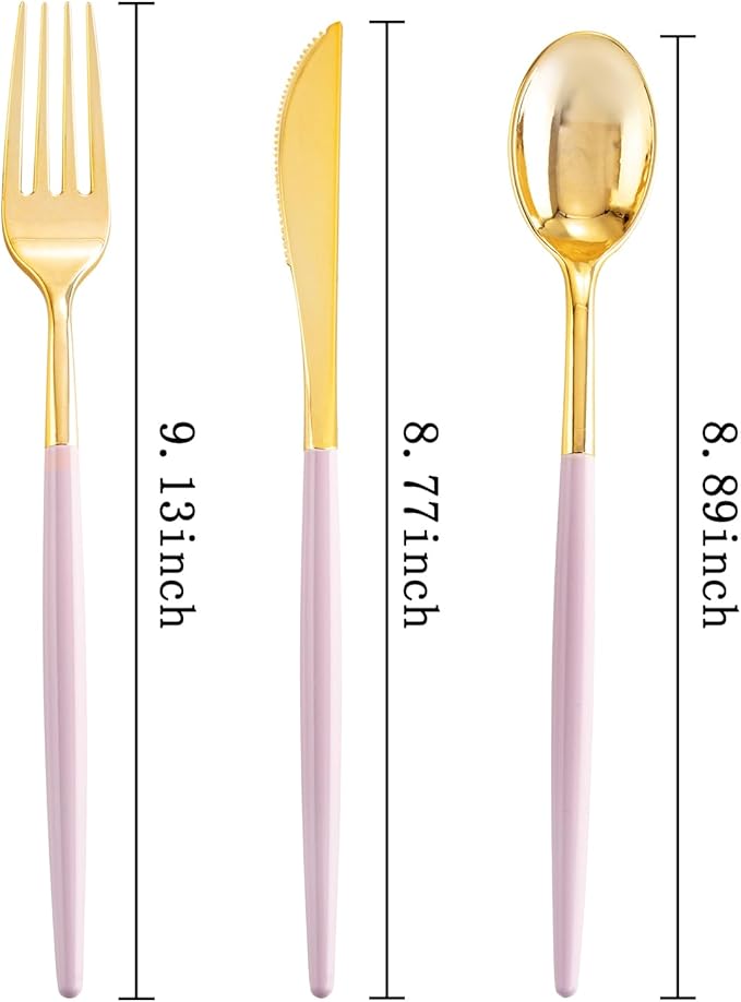 SUT 160Pcs Pink and Gold Plastic Silverware, Heavy Duty Plastic Silverware, Valentines Plastic Utensils, 80 Plastic Forks, 40 Knives, 40 Spoons, Disposable Cutlery for Parties, Valentines(Pink Gold)
