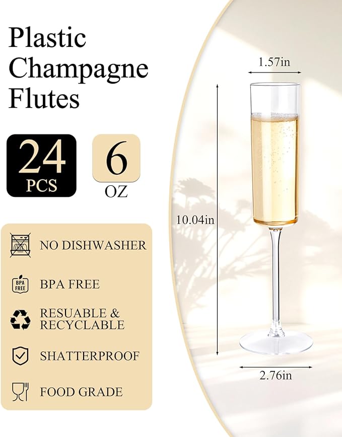 Ciaell 24 Pack Plastic Champagne Flutes - Clear 6 Oz Disposable Champagne Glasses - Square Plastic Toasting Glasses for Party Birthday Anniversary Wedding Christmas New Year