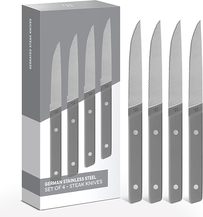 Misen Steak Knives Set of 4 - Precision Serrated Blades for Effortless Dining - German Stainless Steel - Superior Cuts with Four Steak Knives - Comfortable, Sleek Handles - Gray