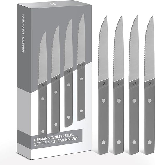 Misen Steak Knives Set of 4 - Precision Serrated Blades for Effortless Dining - German Stainless Steel - Superior Cuts with Four Steak Knives - Comfortable, Sleek Handles - Gray