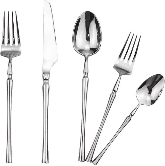 Gugrida Silver Silverware Set, 5-Piece 18/10 Stainless Steel Flatware Cutlery Set for 1,Mirror Finish, Ideal for Wedding Festival Party Home Kitchen, Dishwasher Safe