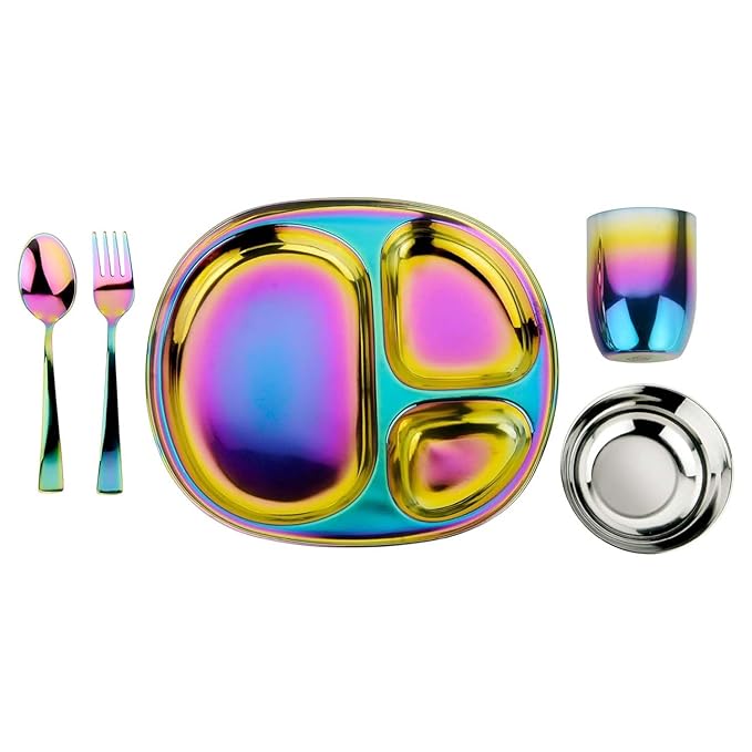 Ahimsa Stainless Steel Kids Dinnerware Set, Pediatrician Designed, 5 Piece Toddler Plates and Bowls Set, Stainless Steel Divided Plate, Cup and Kids Utensils, Rainbow