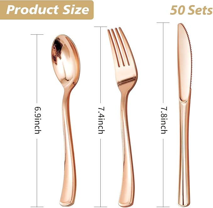 Goodluck 150PCS Rose Gold Plastic Silverware, Rose Gold Utensil Disposable, Plastic Cutlery Set of 50 Forks, 50 Spoons, 50 Knives for Wedding, Party, Valentines