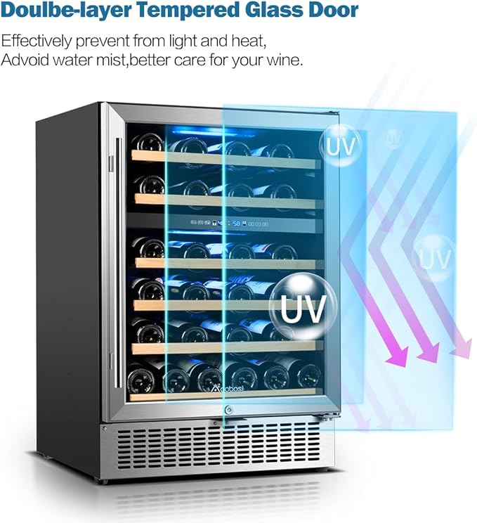 AAOBOSI 24 Inch 51 Bottles Wine Fridge, 41-64.4°F Dual Zone Wine Cooler, 6 Adjustable Shelves，Visualized Temperature Regulation，Temperature Memory Function，Double-Layer Glass Door