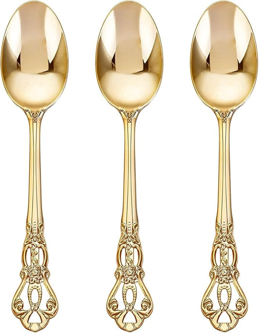 150PCS Gold Plastic Spoons - Gold Spoons Disposable - 8.1 Inch Heavy Duty Plastic Silverware - Heavyweight Elegant Disposable Utensils for Catering, Parties, Dinners, Weddings