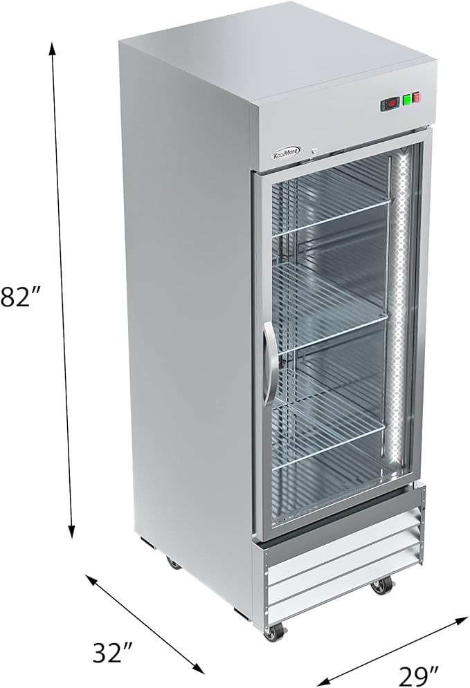 KoolMore Commercial Stainless-Steel Upright Freezer with Reach-In Self-Close Glass Door, 3 Storage Shelves, Heavy-Duty Caster Wheels, Frost-Free Temperature Control - 23 Cu.Ft [Silver] (RIF-1D-GD)