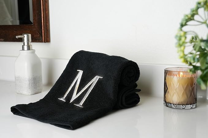 Black Initial Hand Towel for Bathroom - Monogrammed Luxury Hotel Quality Decorative Embroidered Towel for Powder Room, Spa - GOTS Organic Certified - Pack of 2, Letter M