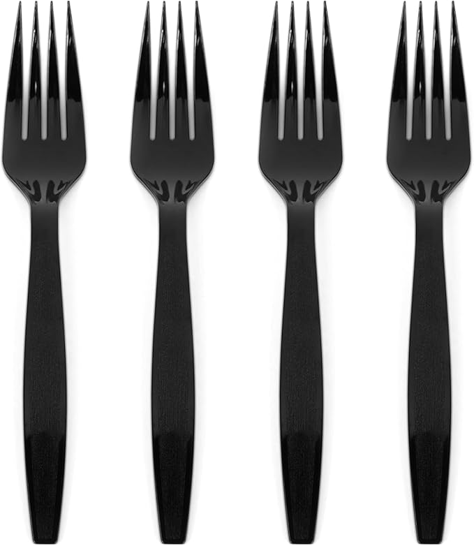 Prestee 100 Pack Black Plastic Silverware Forks - Heavy Duty Forks Disposable for Parties, Weddings, and Holidays - Elegant Heavyweight Cutlery and Flatware Set for Events and Celebrations