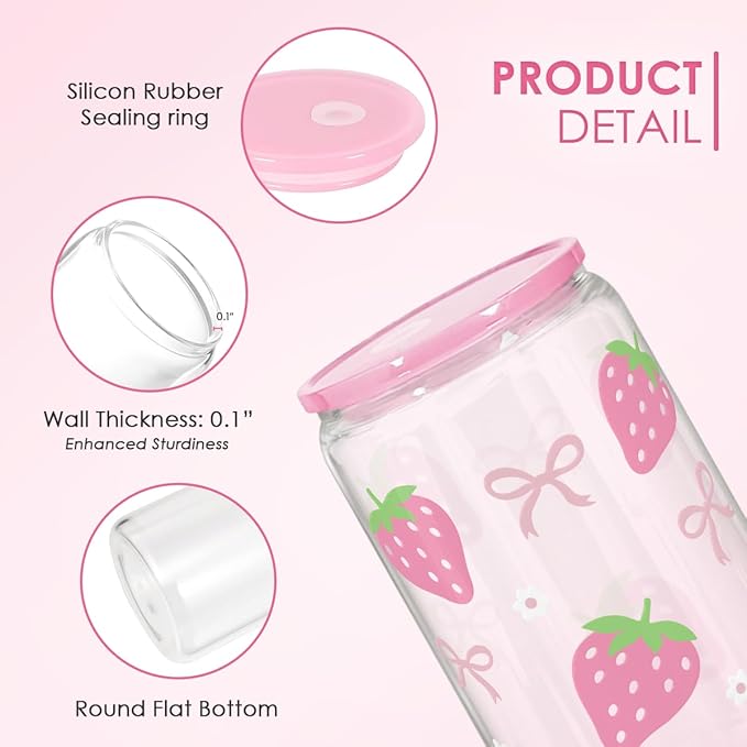 Strawberry 16 Oz Can Glass Tumbler with Acrylic Lid and Straw - Iced Coffee Cups for Women, Aesthetic Glass Cup Gift for Birthday Christmas