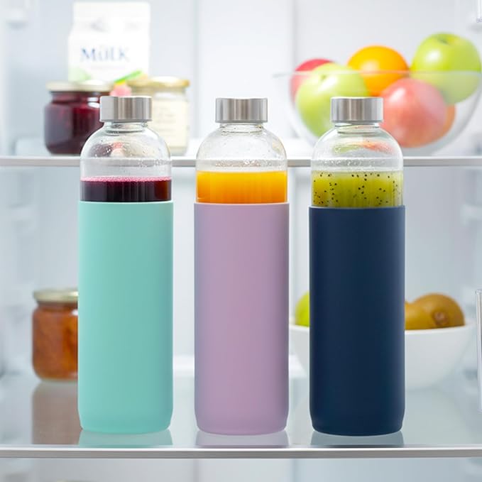 32 oz Glass Water Bottles with Lids and Silicone Sleeve, Reusable Juice Bottles with Stainless Steel Leak Proof Cap, Beverage Storage Containers for Juicing & Water, BPA Free Set of 3