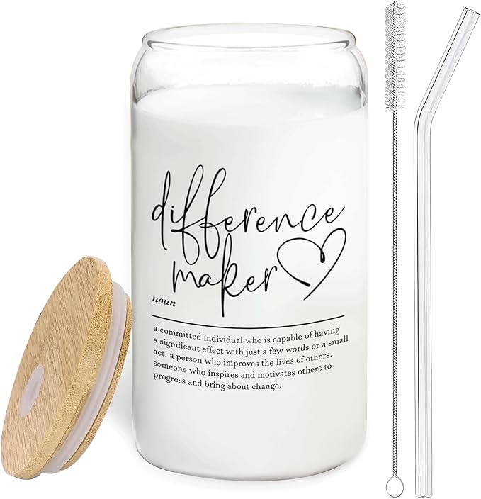 Difference Maker Glass Cup with Lids and Straws 14oz - Appreciation Gifts Thank You Gifts for Boss Leader Teacher Mentor Coach Manager Glass Coffee Tumbler Drinking Jars with Cleaning Brush