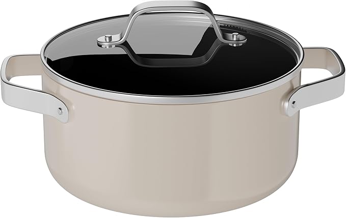 Bakken 12.5 Quart Ceramic Coated Stock Pot with Lid, Easy Clean Nonstick Pot, Tempered Glass Lid, Riveted Stainless Steel Handles, Oven Safe Up To 500°F, PTFE & PFAS Free, All Stove Compatible, Cream