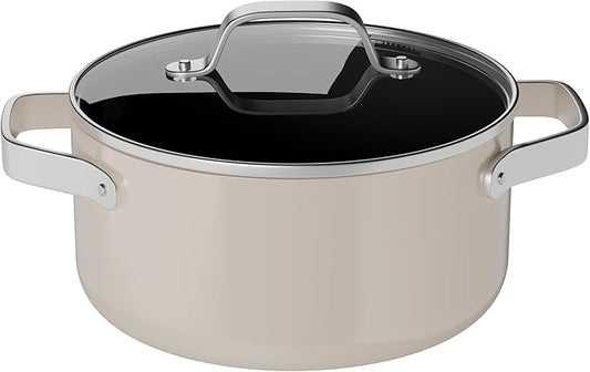 Bakken 12.5 Quart Ceramic Coated Stock Pot with Lid, Easy Clean Nonstick Pot, Tempered Glass Lid, Riveted Stainless Steel Handles, Oven Safe Up To 500°F, PTFE & PFAS Free, All Stove Compatible, Cream