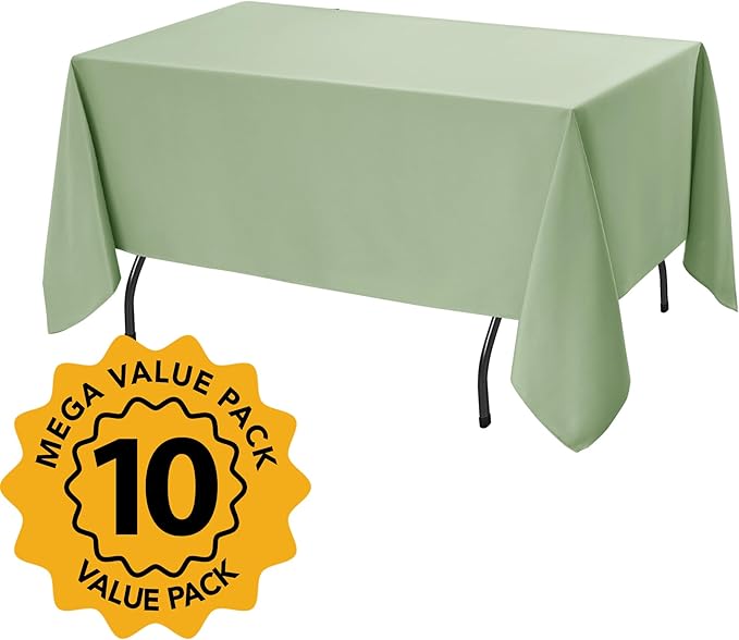 10-Pack Sage Green Tablecloths for Rectangle Tables, 60 x 120 Inches, Stain-Resistant Polyester Fabric for 6 Foot Tables - Washable Table Covers for Weddings, Birthday Parties, Events