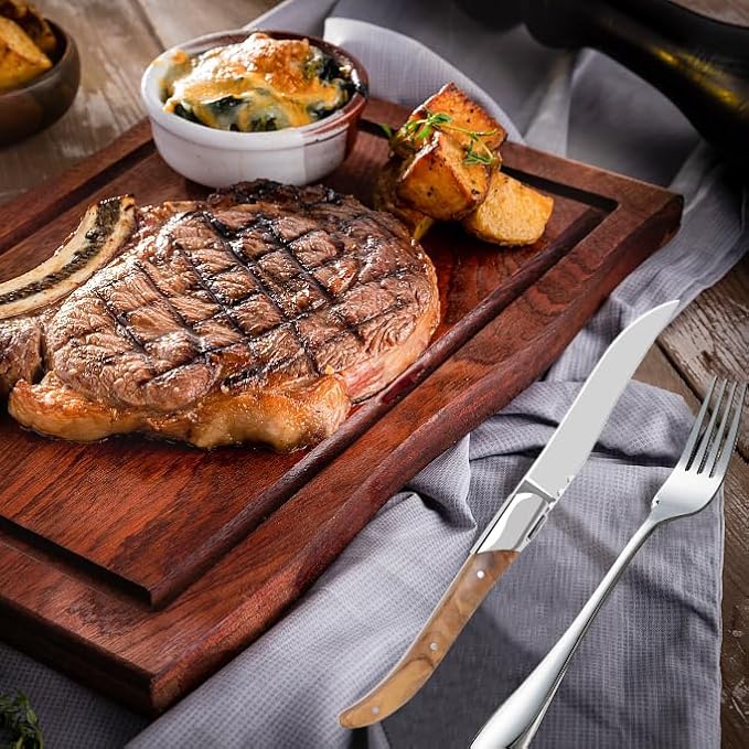 Laguiole Style Steak Knife Set of 8, Non-serrated Steak Knife Set with Olive Wood Handle, Sharp Stainless Steel Steak Knives with Gift Box, Dinner Cutlery Set for Home Party