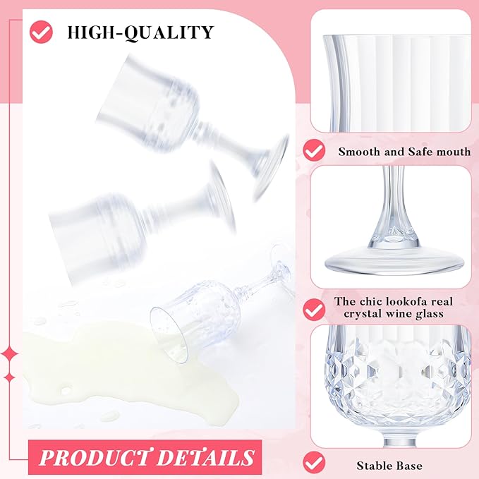 Pinkunn 50 Pcs 7 oz Plastic Vintage Wine Glasses Reusable Colored Goblets Patterned Drinking Water Glasses Cup Dishwasher Safe for Christmas Wedding Reception Party Supplies (Transparent)