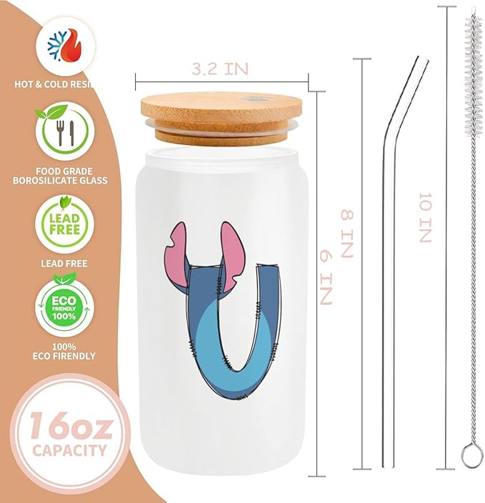 Cute Cartoon Lover Gifts Initial A-Z Personalized Iced Coffee Cup Cartoon Merch 16oz Glass Cup with Lid and Straws Birthday Christmas Gifts for Women Teen Girls Fans (Letter U)