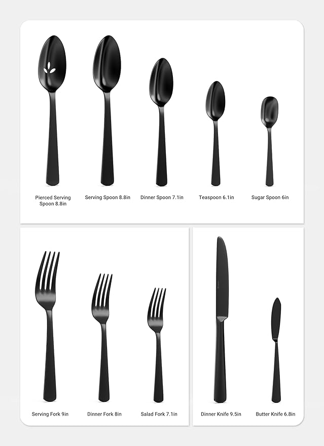 Black Silverware Set, 45-Piece Flatware Set Service for 8, Durable Stainless Steel, Mirror Polished Tableware Eating Cutlery Set, Kitchen Utensils Set with Steak Knives, Dishwasher Safe