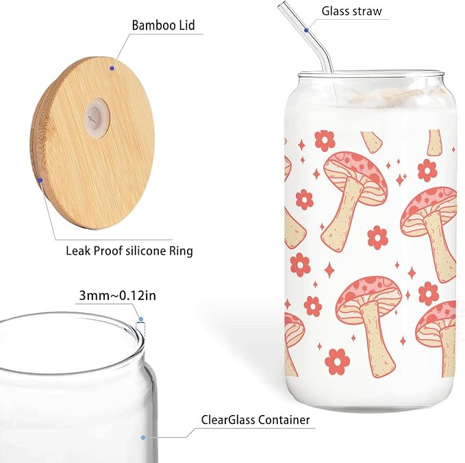 Red Mushroom Aesthetic Glass Cup with Lids and Straws 14oz - Mushroom Gifts for Women Mushroom Lovers Girls, Cute Mushroom Glass Coffee Tumbler Drinking Jars with Cleaning Brush