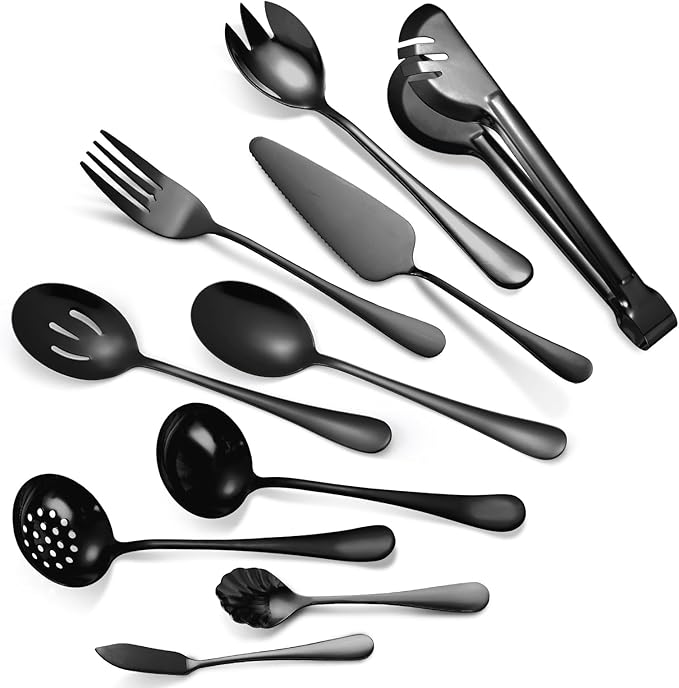 Black Serving Utensils Set 10-Piece Stainless Steel Kitchen Catering Flatware include Catering Tong Big Spoons and Ladles Servers Large Fork Spatula Ideal for Home and Restaurant Use