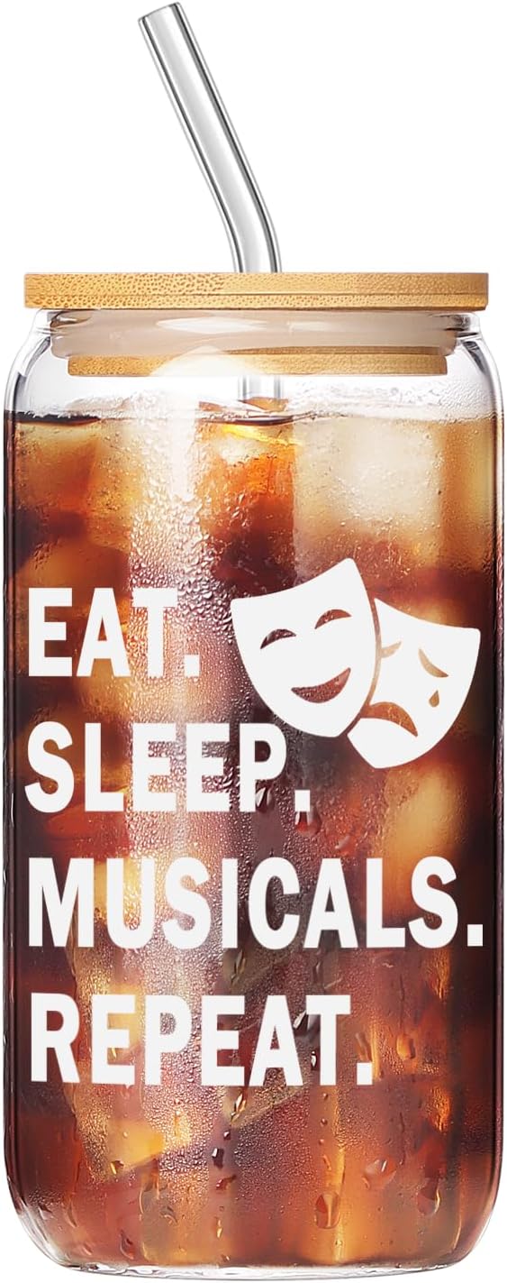 Theater Gifts, Musical Theater Gift, Broadway Gifts for Directors, Actors, Music Teachers, Musicians on Birthday Christmas - 17 Oz Drinking Glass Iced Can Glass Cup with Bamboo Lid and Straw