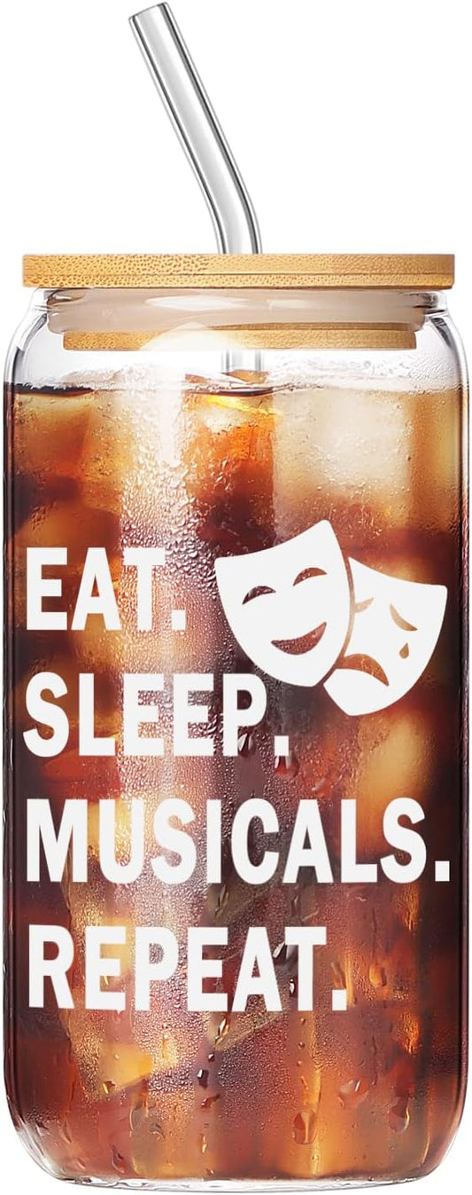 Theater Gifts, Musical Theater Gift, Broadway Gifts for Directors, Actors, Music Teachers, Musicians on Birthday Christmas - 17 Oz Drinking Glass Iced Can Glass Cup with Bamboo Lid and Straw