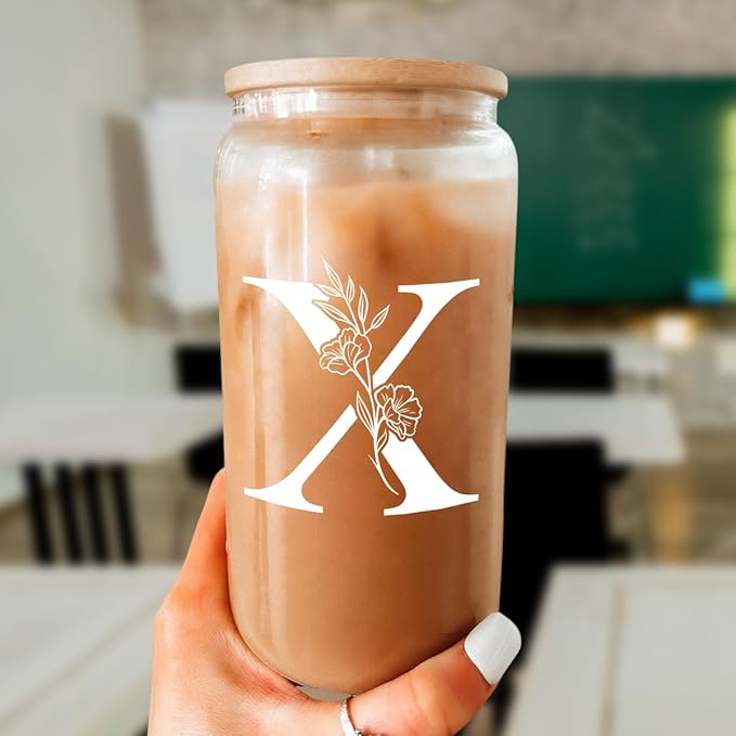 SANDJEST Monogrammed Gifts for Women - Monogram X Initial Glass Cup 16 Oz Can Coffee Cups with Lid and Straw - Monogram Initials Gifts for Womens on Birthday