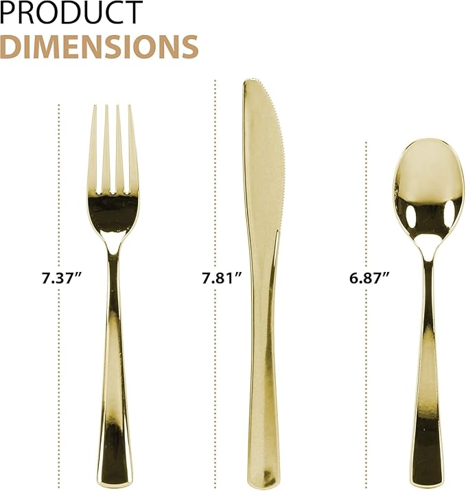 Gold Plastic Silverware Set, 160 Count, Extra Heavy Duty Flatware, Disposable Cutlery Utensils, 80 Forks, 40 Spoons, 40 Knives, Polished Gold, Bulk Pack