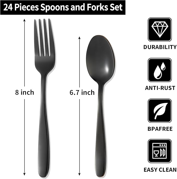 24-piece Black Forks and Spoons Silverware Set, Stainless Steel Flatware Cutlery Set for Home, Kitchen and Restaurant, Black Spoon and Fork Set,Dinner forks Mirror Polished