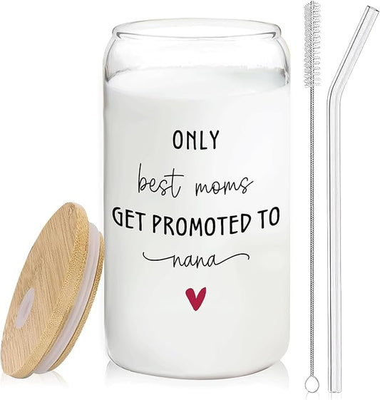 Nana Grandma Announcement Gifts Glass Cup with Lids and Straws 14oz, Pregnancy Announcement for Grandma, Get Promoted to Nana Glass Iced Coffee Tumbler Drinking Jars with Cleaning Brush