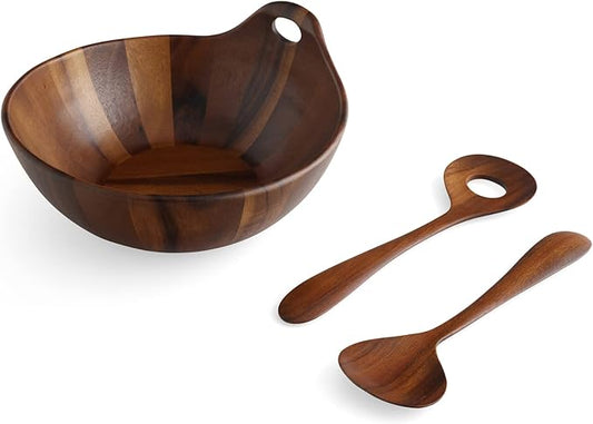 Nambé Portables Collection Salad Bowl – 11” Acacia Wood Serving Bowl with Handle & Matching Servers – Elegant Tableware for Salads, Dining & Entertaining, Contemporary Natural Design