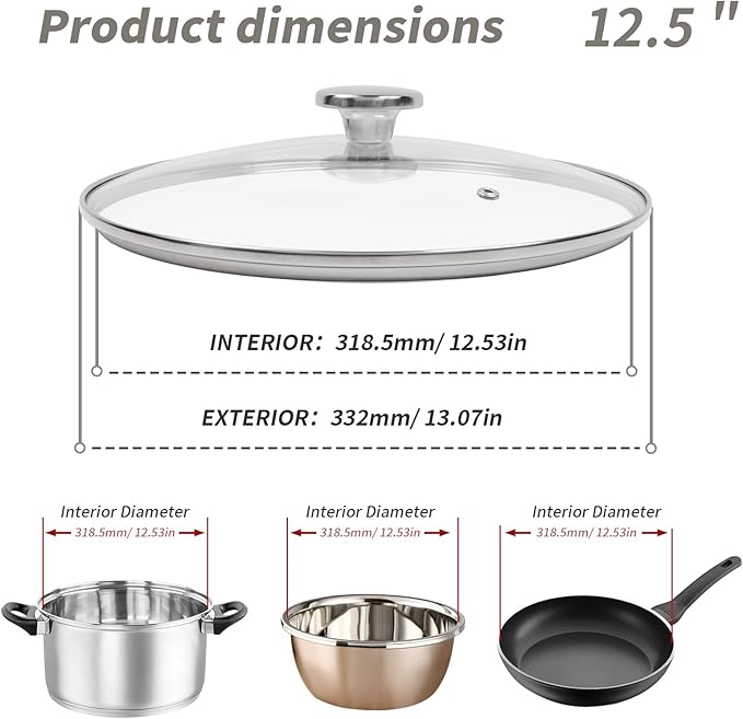 12.5" Tempered Glass Pan Lid with Steam Vent, Thickened to 4mm and Dishwasher Safe and Oven up to 480℉, Universal Lid Fit for Cast Iron Skillets, Frying Saute Pan, Cooking Pot