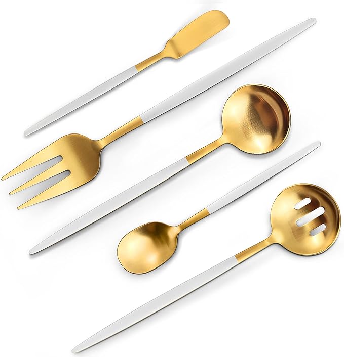 Matte White Gold Serving Silverware Set, 5-Piece Round Shared Utensils Set of Stainless Steel, Hostess Flatware Serving Set, Satin Finish, Dishwasher Safe