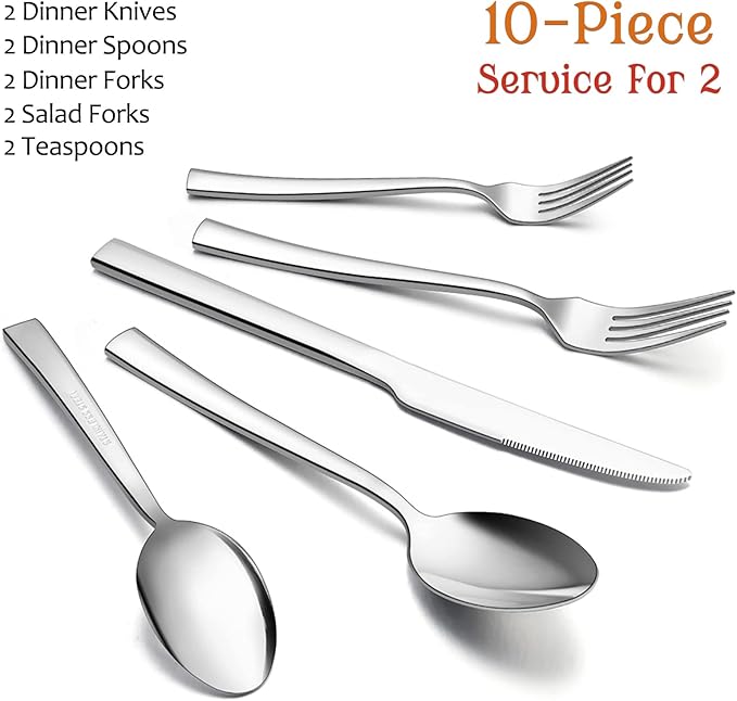 10-Piece Silverware Set, E-far Stainless Steel Flatware Set Service for 2, Modern Tableware Cutlery Set for Home and Restaurant, Square Edge & Mirror Finish, Dishwasher Safe