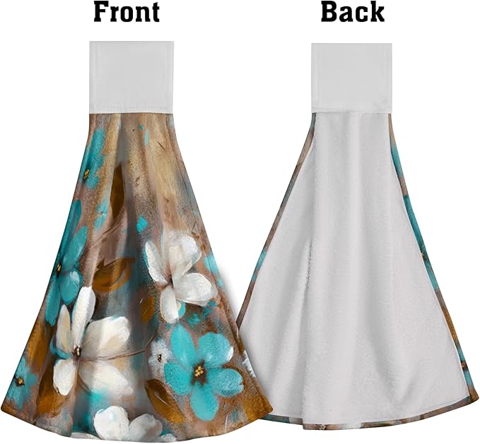 Giwawa Teal Floral Kitchen Hand Towels Abstract Canvas Hanging Tie Towel 2PCS Soft Dish Cloth Fingertip Towel for Bathroom Restroom Home Decor