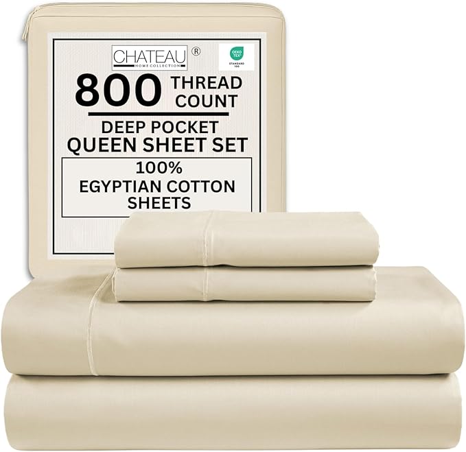 Queen Sheet Set - 800TC Egyptian Cotton Bedding Sheets & Pillowcases - Soft, Durable and Luxurious 4PC Sateen Weave Ivory Bed Sheets for Queen Size Bed, No Pill & Shrink Thick Machine Washable