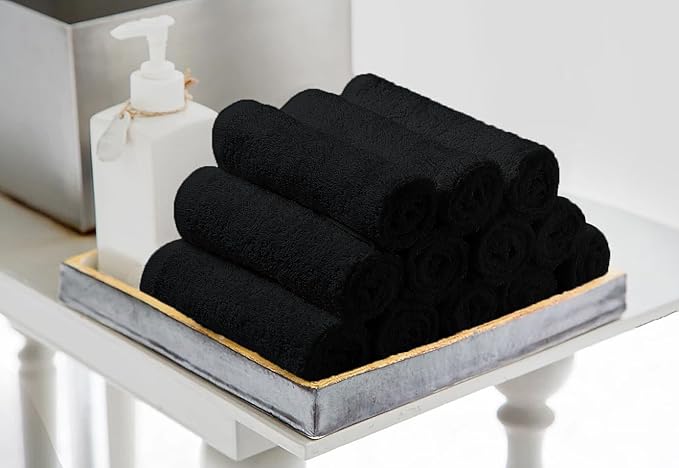 Avalon Towels Cotton Washcloths – (Pack of 24) Size 12x12 Inches, 100% Ring Spun Cotton, Soft & Absorbent Face Towels, Gym Towels, Hotel and Spa Quality, Reusable Fingertip Towels (Black)
