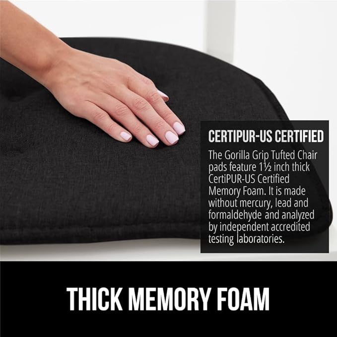 GORILLA GRIP Slip Resistant Tufted Chair Cushions, No Ties Required, Memory Foam Pads for Dining Room Kitchen Table, Office, Rocking Chairs, Plush Seat Cushion Pad, Home Decor, Set of 4, 16x17, Black